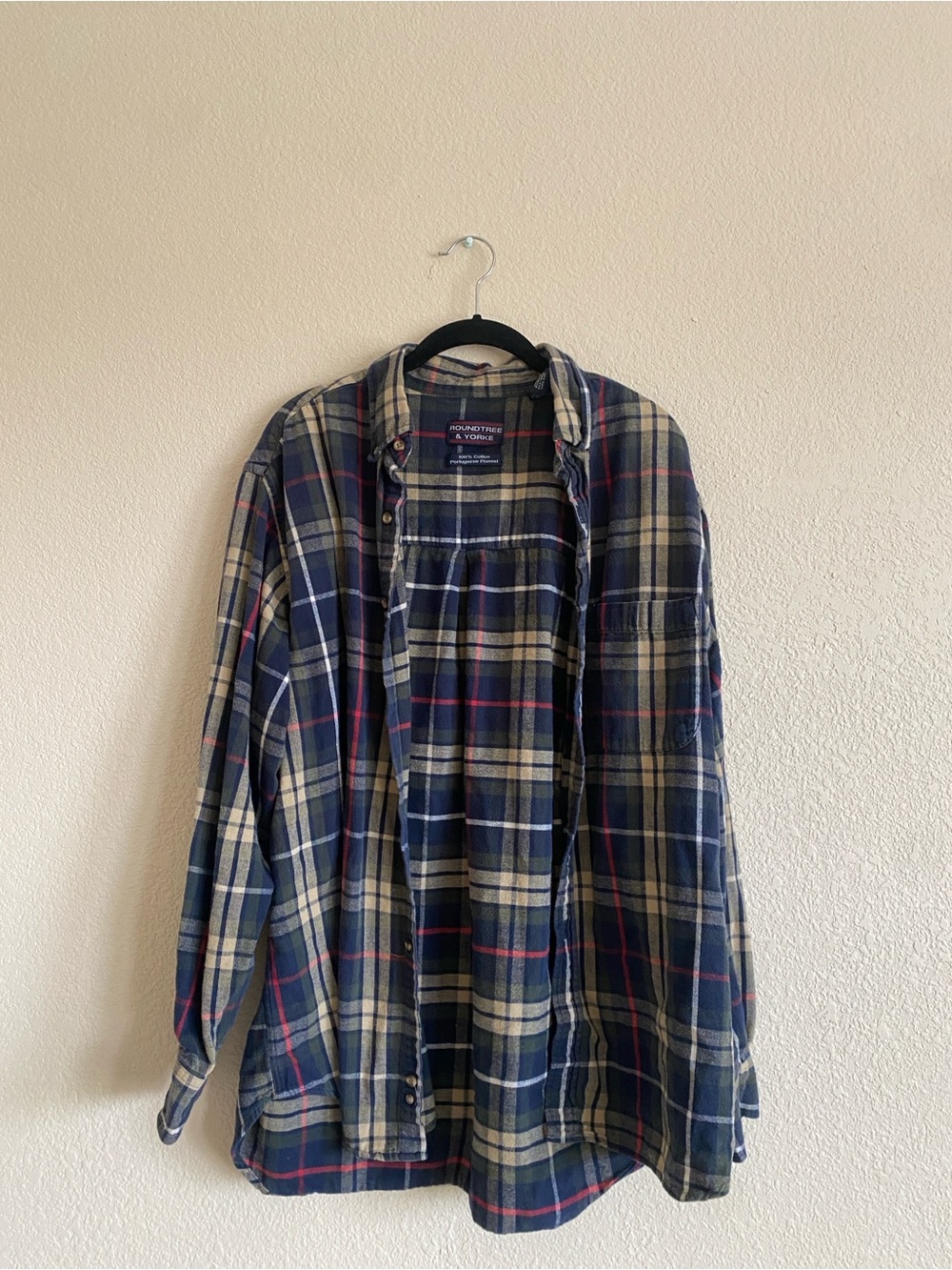 Roundtree & Yorke Navy, Cream and Red Plaid Button-Down Shirt